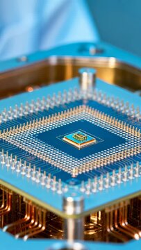 Vertical video: Entering frame, tech tweezers aligning chip on socket for test, blue gown, pin grid