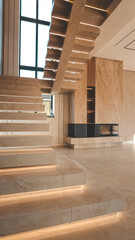 Naklejka premium Luxurious modern marble staircase with integrated LED lighting and contemporary fireplace