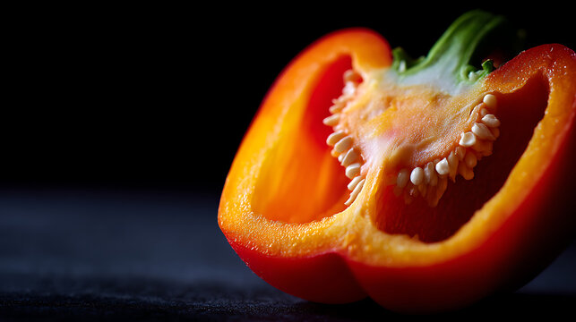 A vibrant, halved red bell pepper, revealing its seeds. The cut side of the pepper offers a view of the internal structure, highlighted by the striking color contrasts