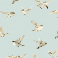Obraz premium seamless pattern, birds flying, soft sky blue and neutral tones, realistic illustration, aesthetic