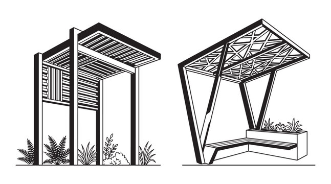 Modern bus stop shelter designs with wooden slats and metal frame structures in vector illustration