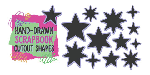 Obraz premium Set of hand-drawn scrapbook star cutout shapes in a retro y2k aesthetic style for creative graphic design vector illustration