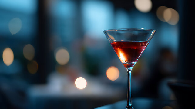 A close-up shot of a martini glass filled with a red cocktail, with a blurred background of lights and ambiance