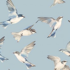 Obraz premium seamless pattern, birds flying, soft sky blue and neutral tones, realistic illustration, aesthetic