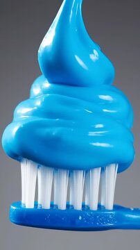 Vertical blue toothpaste application on toothbrush. Creamy texture creates fresh feeling. Oral hygiene routine showcases quality dental care. Close-up focus on vibrant colors enhances visual appeal.