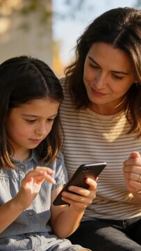 Vertical video: Tapping daughter in denim swiping black phone on bench, mom leaning and guiding