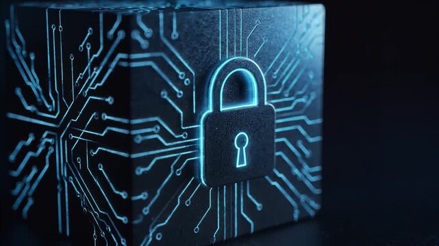 Glitched digital padlock icon appearing on futuristic dark cube with circuit pattern, glowing electric blue, symbolizing cyber security