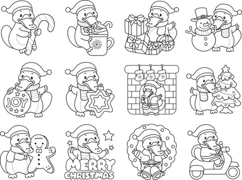 Cute set of platypus sticker with christmas activity. Platypus 