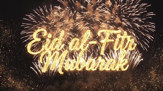 Eid al-Fitr Mubarak message with festive fireworks at night