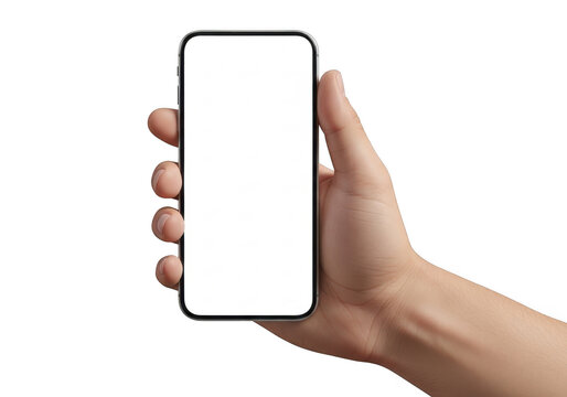 Hand holding a smartphone with blank screen isolated on transparent background