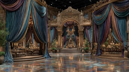 Obraz premium Opulent ballroom interior with draped curtains and intricate architectural details creating a