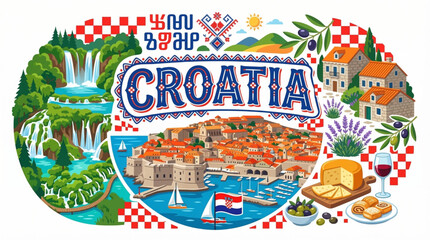 Obraz premium Croatia Culture and Tourism Vector Illustration with Dubrovnik Walls Plitvice Lakes and National Symbols