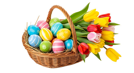 Naklejka premium A wicker basket filled with colorful Easter eggs and tulips on transparent background