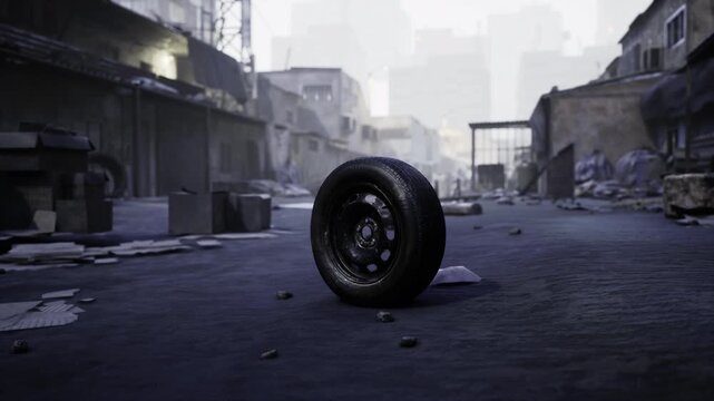 A single tire rests on a deserted urban street surrounded by debris and old structures. Morning light shines through a foggy atmosphere, creating a somber ambiance in the scene.