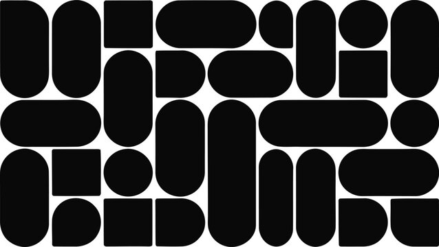 A grid arrangement of diverse black geometric shapes creates a modern, interlocking visual pattern