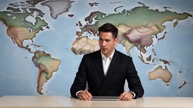 Man in suit at desk with world map