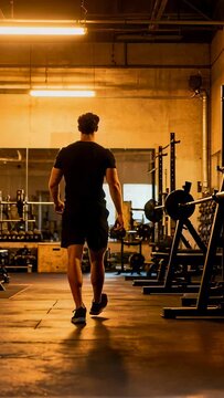 Vertical video: Holding metal door, athlete in black walking into gym toward squat racks for lift