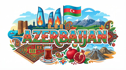 Fototapeta premium Azerbaijan Culture and Tourism Vector Illustration with Flame Towers Baku and National Symbols