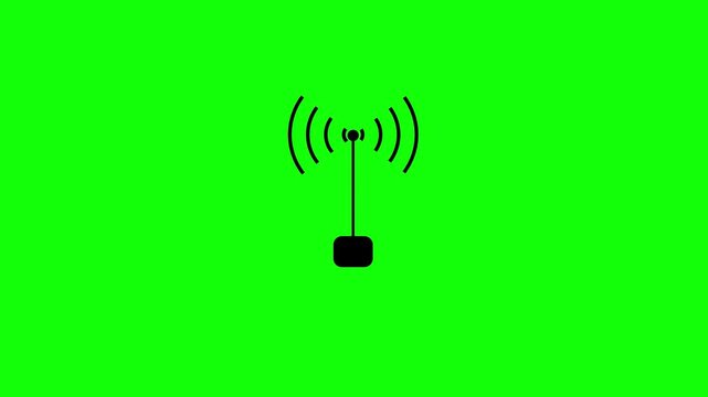 Minimal black wireless antenna icon emitting signal waves centered on bright green background, simple flat design with copy space.