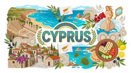 Cyprus Culture and Tourism Vector Illustration with Kourion Ruins Aphrodite and Mediterranean Cuisine