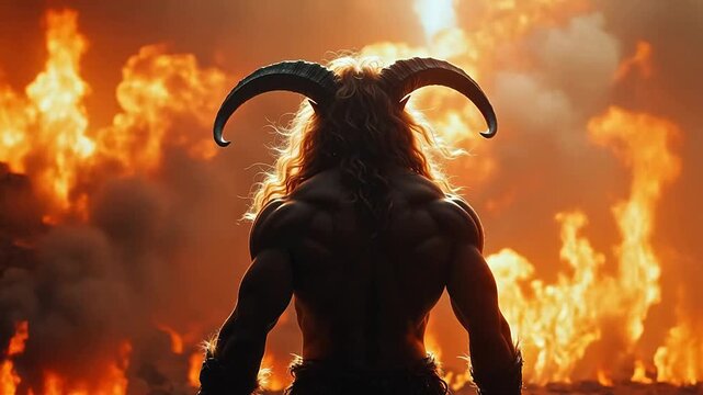 mythical creature with horns in fire