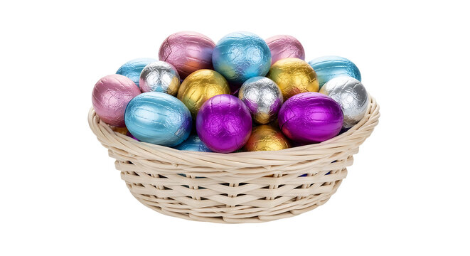 A wicker basket filled with colorful Easter eggs on transparent background