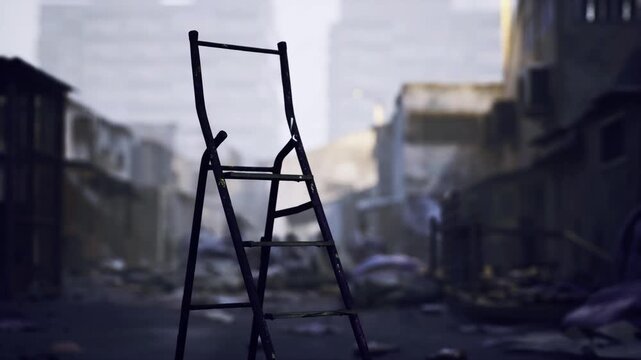A metal ladder is positioned upright in an empty urban area, surrounded by scattered debris. The background suggests an abandoned site, highlighting neglect and desolation.