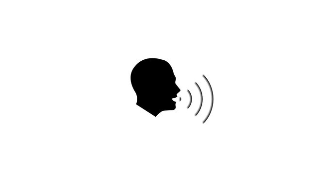 Minimal vector icon of a human head silhouette speaking with sound waves on white background, representing voice, speech, audio, communication or voice assistant