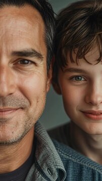 Vertical video: Pulling back camera, father and son smiling and posing in studio with denim shirts