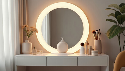 Naklejka premium Modern white dressing table with round illuminated mirror. Makeup brushes, skincare bottles, vase with flowers on vanity. Elegant bedroom furniture, beauty station.