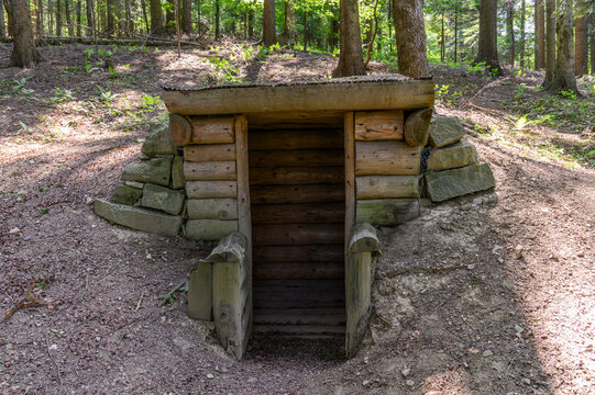 Reconstructed ww2 partisan hideout bunker in nature, Slovakia
