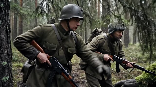 Soviet Soldiers on Forest Patrol during World War II - Two Soviet soldiers patrol a dense forest during World War II.