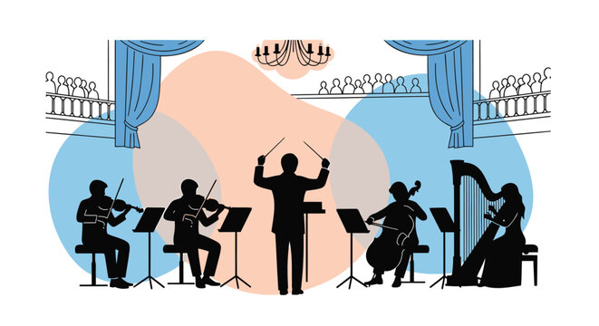Vector illustration of orchestra musicians on stage with conductor