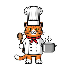 Cartoon cat dressed as a chef cooking in a kitchen scene from a frontal viewpoint