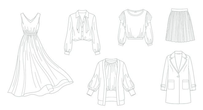 Collection of detailed black and white fashion garment sketches featuring a flowing dress blouses skirts and a long coat
