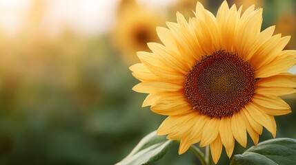 Fototapeta premium Closeup of a single sunflower head in a field, showing yellow petals and a brown center. Nature flower for agriculture and summer.