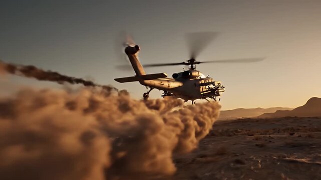 War Helicopter in Action - A war helicopter fires weapons, shooting flames and smoke, during an aerial mission.