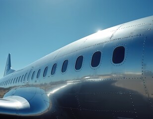 Shiny airplane fuselage gleams under blue sky. Rows of windows reflect clouds and sun. Metal aircraft exterior shows rivets and smooth lines.