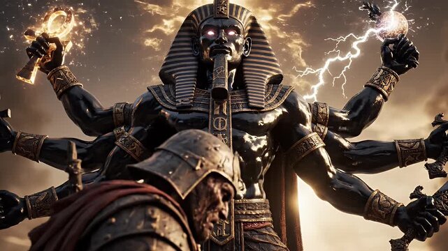 Warrior Confronts Egyptian God on Battlefield - On a desolate battlefield, a weary warrior kneels before a towering multi-armed deity of Egyptian origin, holding symbols of power and weapons.