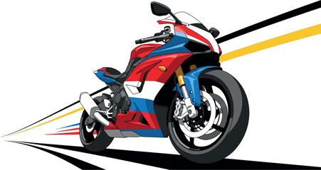 A powerful and vibrant sport motorcycle, meticulously illustrated in bold red, white, and blue, epitomizes speed, modern design, and thrilling road adventure. © shazaib