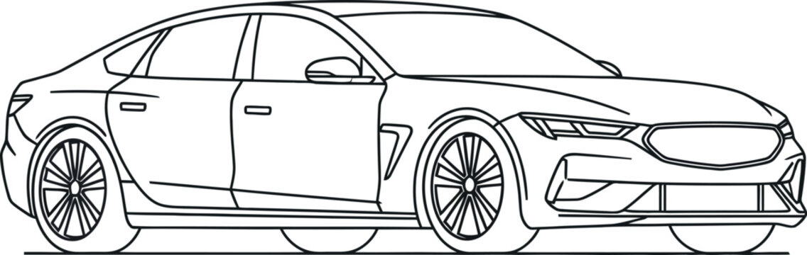 Simple black and white line art illustration of a modern four door sedan car viewed from the side profile perspective