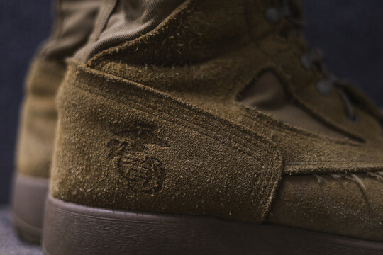 Marine Corps Eagle Globe and Anchor on a pair of combat military boots in Beaufort, South Carolina, March 9, 2026