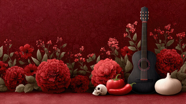 Mexican cultural elements forming a decorative border, featuring a classic guitar, blooming flowers, a unique sugar skull, and chili peppers, embodying a joyful fiesta celebration