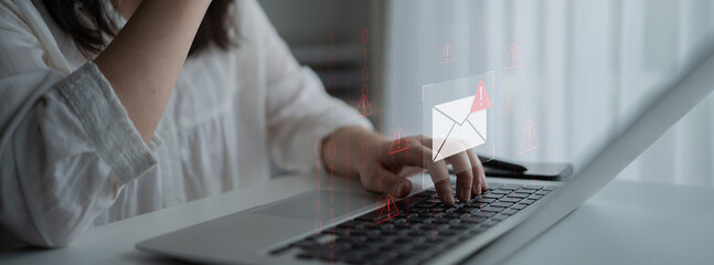 Phishing email alert concept showing digital envelope with warning sign represents data theft, network breach, and email security threats. Parse © InfiniteFlow