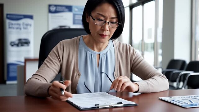 Woman Registering a New Car - A mature Asian woman sits at a desk, reviewing paperwork and preparing to sign a document for her new car registration.