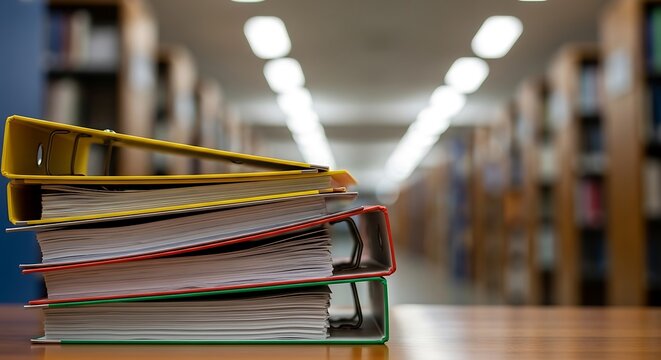 A stack of binders in various colors sits in front of blurred bookshelves in a library