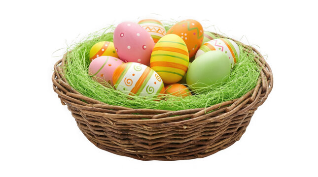 Vibrant easter eggs in a woven basket for springtime celebrations