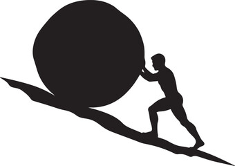 Silhouette of a man pushing a large black boulder uphill also transparent background © PixelSaga MH2 