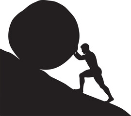 Silhouette of a man pushing a large boulder up a steep hill also transparent background © PixelSaga MH2 