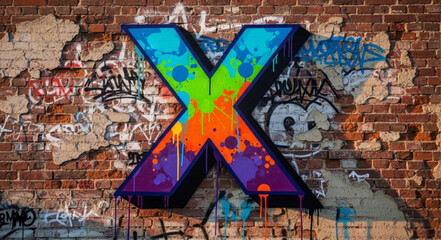 Colorful Graffiti Letter X on Brick Wall. © Romm